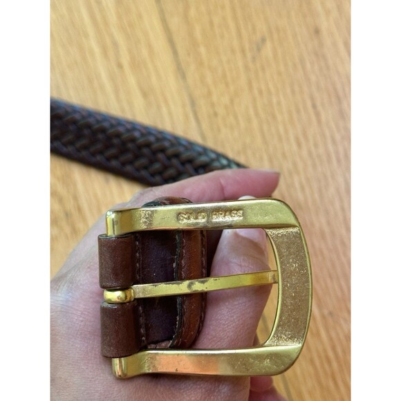Genuine Leather Bonded Lacing Woven Braided Brown Belt Brass Buckle Size 40 - Picture 3 of 9